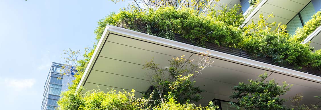 A building adorned with greenery, featuring plants growing along its exterior walls.